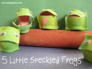 five little speckled frogs made from recycled materials