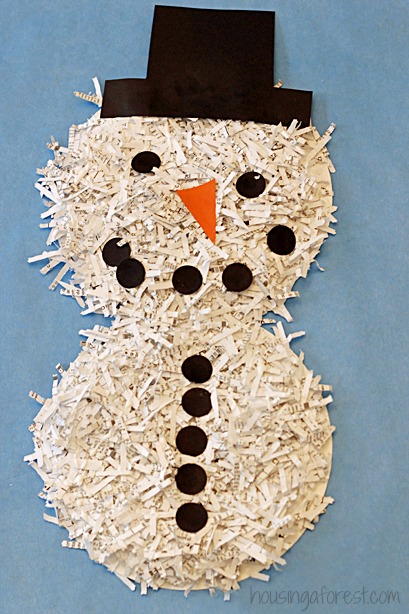 Shredded Paper snowman ~ simple recycled craft for kids