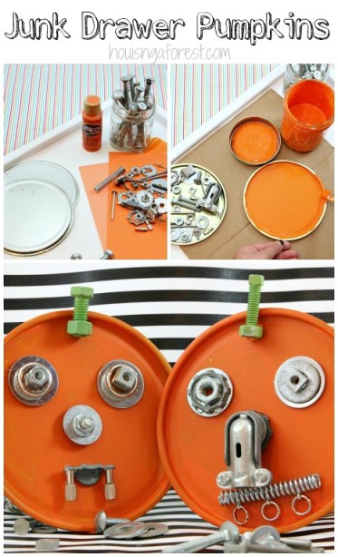 Recycled Halloween Art for kids ~ Junk Drawer Pumpkins
